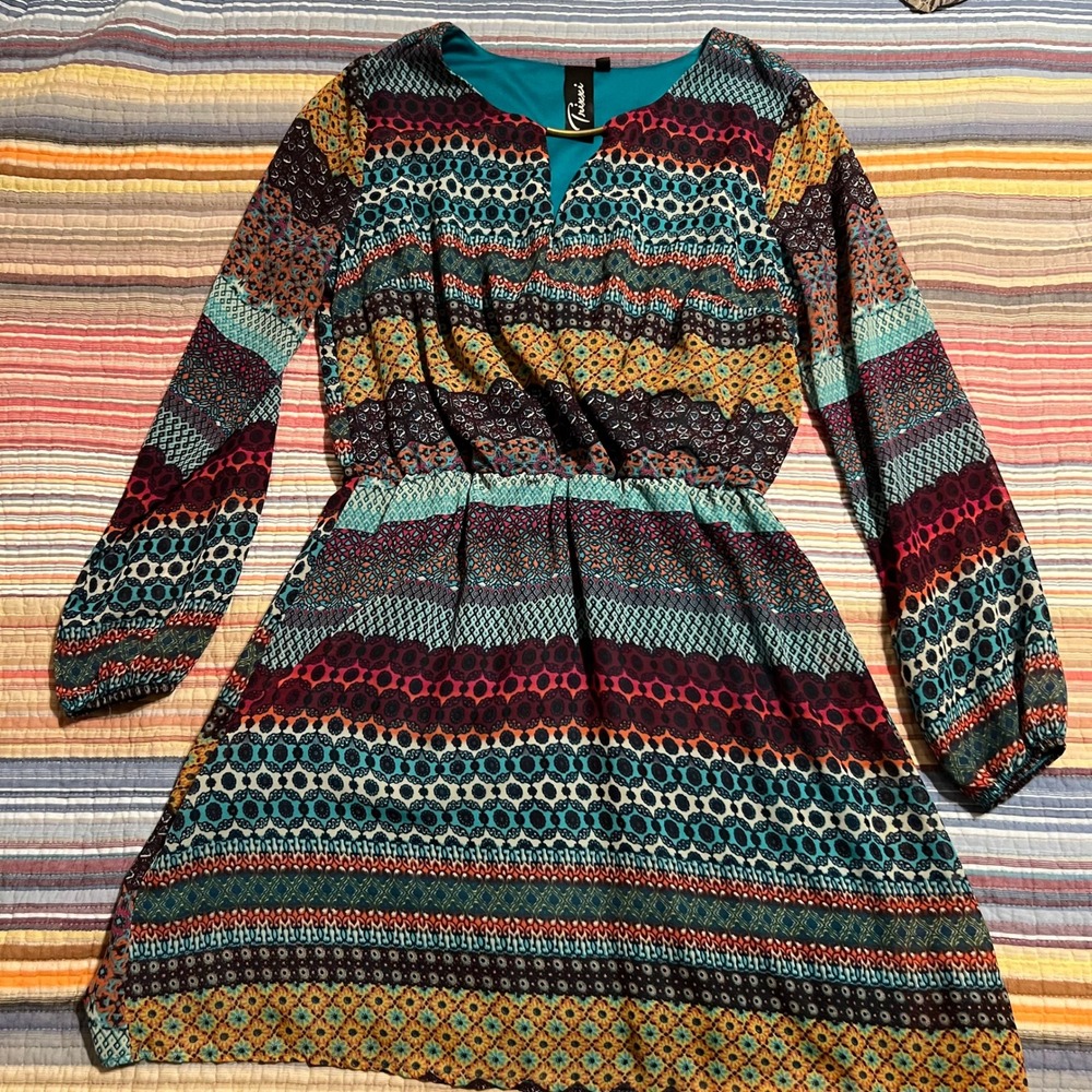 Trixxi Multicolor Print Dress Small Long Sleeve Boho‎ Festival Casual